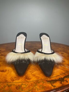 Christian Louboutin Black Suede Mules with Cream Fur Trim
